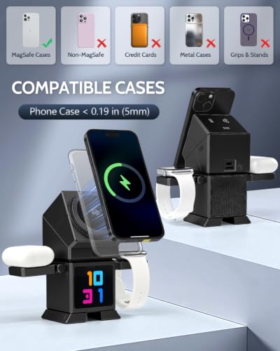 ModiTech 7 in 1 Wireless Charging Station for Apple-25W Qi2.2 (Black) | Magnetic Magsafe Charger Stand with Alarm Clock for iPhone 17/16/15/14/13/12-Apple Watch-Airpods Series, Adapter Included - color: Black