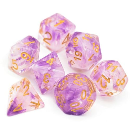 UDIXI Resin DND Dice Set 7PCS Polyhedral D&D Dice for Role Playing Game | Purple White Colors, Dreamy Effect, Velvet Dice Bag Packaging, for Dungeons and Dragons Role Playing Games and Tabletop Games - color: S-purple and White