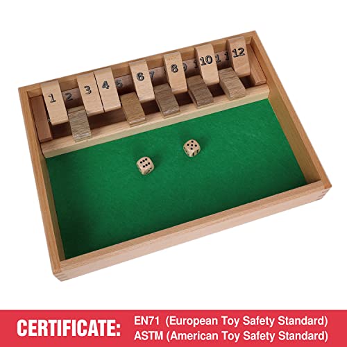 GOTHINK Shut The Box - Table Math Game with 12 Inch Wooden Board for Adults & Kids - 12 Spots Dice Game with 2+ Player Games, Includes 2 Dice, Ideal for Game Night, Travel, Classroom - (Ages 6+) - color: Brown - 12 Spots
