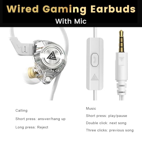 Wired Gaming Earbuds, Ak3file in Ear Monitors, Deep Bass Sound Wired Earbuds, HiFi in Ear Headphones with 1DD 10mm Dynamic Driver, IEM for Music Gaming Video Calling (White) - color: White
