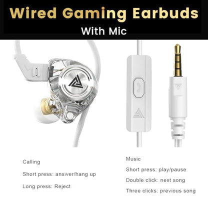 Wired Gaming Earbuds, Ak3file in Ear Monitors, Deep Bass Sound Wired Earbuds, HiFi in Ear Headphones with 1DD 10mm Dynamic Driver, IEM for Music Gaming Video Calling (White) - color: White