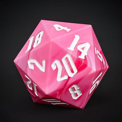 Giant D20 D&D Polyhedral Dice - 55mm, 20 Sided, Pink with White/White Number for RPG Table Games - color: Pink With White/White Number