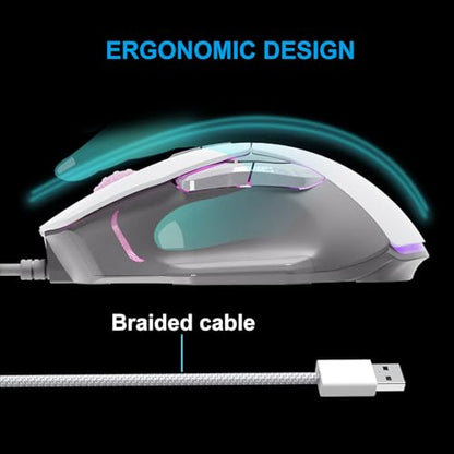 FOXXRAY BM-88 RGB Gaming Mouse, 7200 DPI, Musicsync Backlit, Wired Optical Mouse with 7 Programmable Buttons, 13 Lighting Effects, Braided Cable, Gaming Mouse for PC/Laptop - White