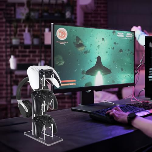 FYY Game Controller Holder 3 Tiers - Universal Dual Stand and Headphone Holder, Acrylic Clear Display Compatible With Nintendo Switch, Xbox, PS5, PS4 - Desk Mounts for Controllers - color: 3-Tier-Clear