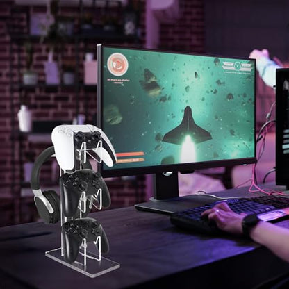 FYY Game Controller Holder 3 Tiers - Universal Dual Stand and Headphone Holder, Acrylic Clear Display Compatible With Nintendo Switch, Xbox, PS5, PS4 - Desk Mounts for Controllers - color: 3-Tier-Clear