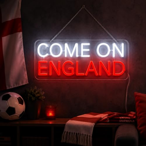 Come On England Soccer Neon Sign, USB LED Neon Light for Soccer Fan Room Decor with Hanging Chain & Wall Anchors, 17.7x7.5 Inch, England Game Day Wall Light for Bedroom, Bar, Party, Watch Party Decorations - color: Come On England