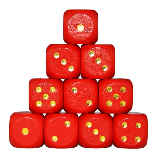 Set of 10 16MM Six Sided D6 Round Wooden Dice Set (red) - color: Red