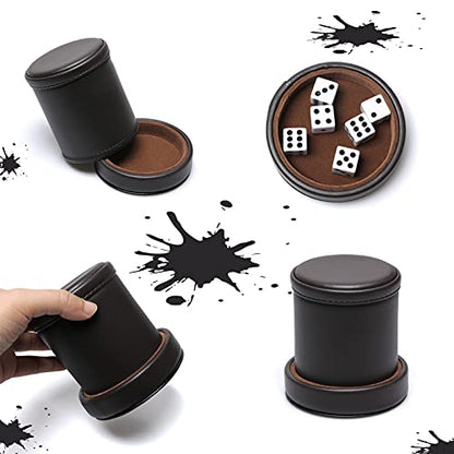 PU Leather Dice Cup with Lid, Dark Chocolate Leatherette and Dark Brown Felt-Lined Quiet Dice Shaker Cup, Including 6 Black Dot Dice for Liars Dice/ Farkle/ Yahtzee Games, 1 Pack - color: Chocolate
