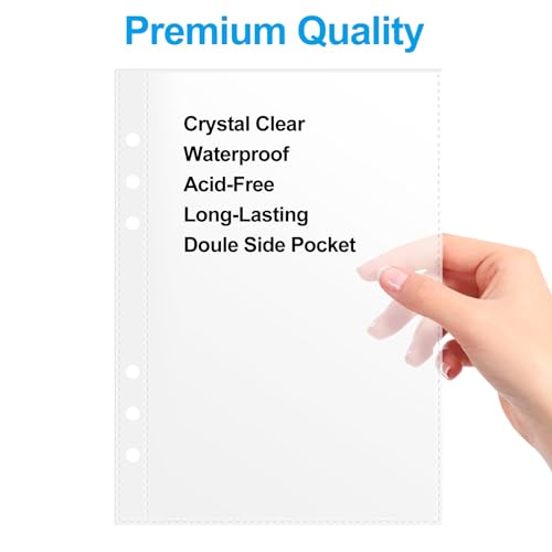50 Pack 5x8 Clear Binder Sheets Sleeves - 6 Ring A5 Binder Inserts - Plastic Pockets for Index Cards,Photocards,Postcards,Pictures, Stickers,and Cash Organizer - 6 Hole Refill Pages Sheet Protector. - size: 5" x 8"