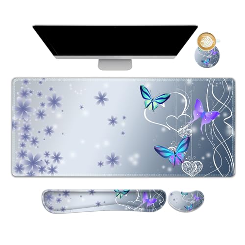 Cute Butterfly Desk Mat, Florals 4 in1 Large Gaming Mouse Pad Set, Ergonomics Keyboard Pad with Memory Foam Wrist Rest, Extended Game Mousepad Non-Slip Desk Protector Matt Easy Typing Pain Relief - color: Cute Butterfly