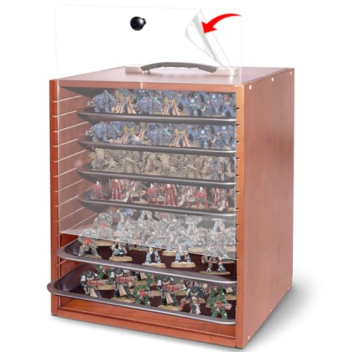 Miniature Display Case with 6 Removable Trays, Wooden Collectibles Storage Box with Clear Lid, Portable Miniatures Organizer for Tabletop Figurines & Models - color: Reddish Brown