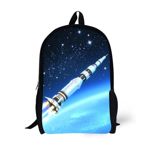 Back Pack School Bag Bookbag for 6+ Years Old Kids Boys Girls 17 Inch Black Lightweight Daypack Rocket Pattern - color: Rocket Backpack