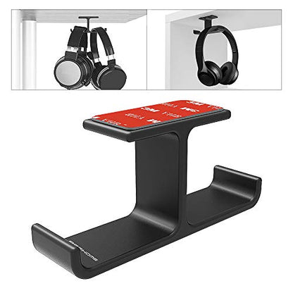 Dual Headphone Hanger Stand for Under Desk, Aluminum Adhesive Headset Hook Mount with Screw Option, Space-Saving PC Gaming Accessories for All Headphones, Black