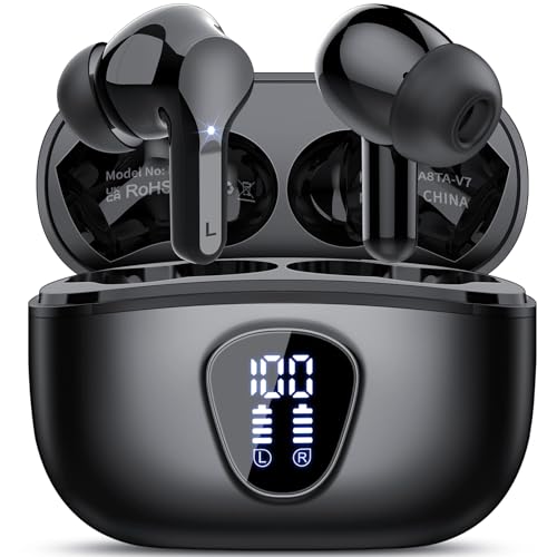 Wireless Earbuds, Bluetooth 5.4 Headphones HiFi Stereo, Bluetooth Earbuds with ENC Noise Cancelling Mic, IP7 Waterproof in Ear Earphones, 48H, LED Display Ear buds for Pad Workout Sports, Black - color: Black
