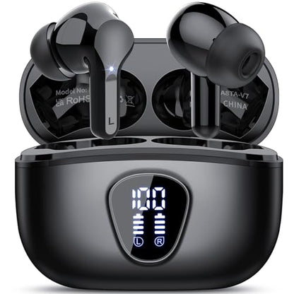 Wireless Earbuds, Bluetooth 5.4 Headphones HiFi Stereo, Bluetooth Earbuds with ENC Noise Cancelling Mic, IP7 Waterproof in Ear Earphones, 48H, LED Display Ear buds for Pad Workout Sports, Black - color: Black
