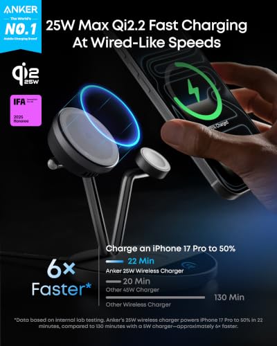 Anker Prime 3-in-1 Qi2.2 MagSafe Compatible 25W Wireless Charging Station | Smart Display with TEC Active Cooling, for iPhone 17, Apple Watch, AirPods Pro, and More (Adapter Included) - color: Phantom Gray