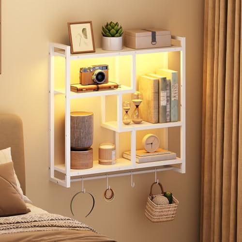 HOOBRO Gaming Floating Shelves with LED Lights, 28.7" LED Wall Mounted Shelf, 4-Tier Floating Wall Shelf for Storage, Display Rack with Hanging Bar and 4 S Hooks, for Gaming Room, White WT37DBJ01 - color: White