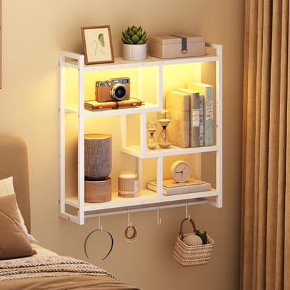 HOOBRO Gaming Floating Shelves with LED Lights, 28.7" LED Wall Mounted Shelf, 4-Tier Floating Wall Shelf for Storage, Display Rack with Hanging Bar and 4 S Hooks, for Gaming Room, White WT37DBJ01 - color: White