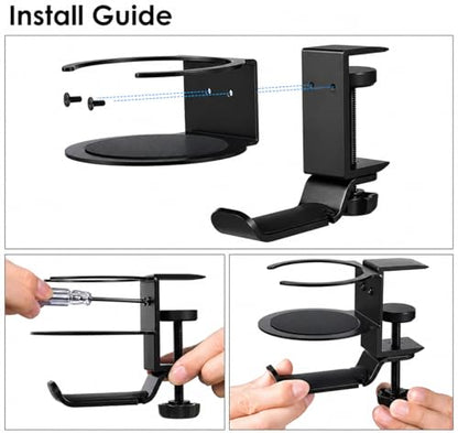 Foldable Aluminum Under Desk Headphone Hanger with Cup Holder, 2-in-1 Clamp-on Headset Stand & Drink Holder, Heavy Duty Gaming Headphone Hook for Office, Home, Gaming Desk - Black