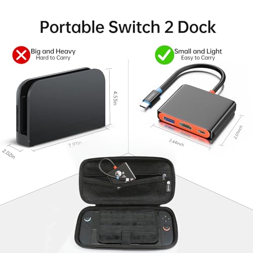 Switch 2 Portable Dock, USB C Hub Docking Station for Switch 2/1/OLED, 4K@60Hz HDMI TV Mode, 10Gbps USB 3.2, 100W PD Charging, Plug & Play Travel Dock