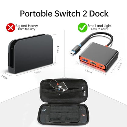 Switch 2 Portable Dock, USB C Hub Docking Station for Switch 2/1/OLED, 4K@60Hz HDMI TV Mode, 10Gbps USB 3.2, 100W PD Charging, Plug & Play Travel Dock