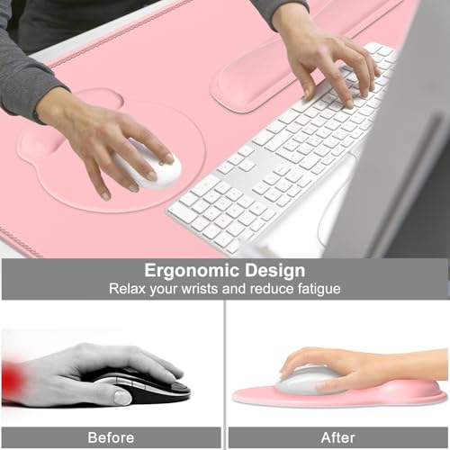 Dapesuom Large Gaming Mouse Pad, Pink Mouse Pads with Wrist Rest Wrist Support, 4in1 Big XXL Desk Mat Desk Pad + Ergonomic Mousepad + Memory Foam Keyboard Mat Wrist Rest + Coaster Set for Computer - color: Pink
