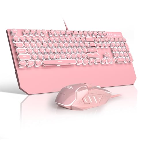 Retro Pink Typewriter-Style Keyboard and Mouse Combo, Cute Light Up Wired Mechanical Keyboard with Linear Red Switches, Full Size for Gaming, Work, Mac, PC, Windows - color: Pink