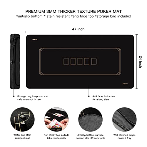 YUZPKRSI Texas Hold'em Poker Mat, 6 Players Poker Table Mat Water Repellent, Portable Poker Table Top Topper with Thicken Carrying Bags for Poker Games, Blackjack, Casino, 47 x 24 Inch - color: 47 X 24 Inch Black