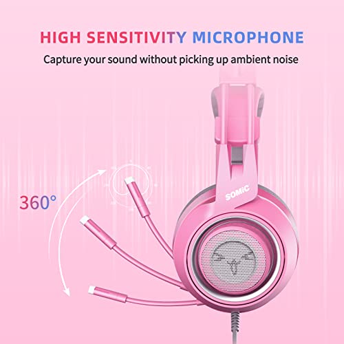 SOMIC G951s Pink Stereo Gaming Headset with Mic for PS4,Xbox,PC,Mobile Phone,3.5mm Noise Reduction Cat Ear Headphones Lightweight Over Ear Headphones for Woman - color: Pink