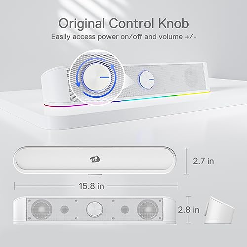Redragon GS560 RGB Desktop Soundbar, Dynamic Lighting Bar with Audio Sync | 2.0 Stereo Enhanced Auido Quality, Touch-Control Backlit, Volume Knob, Plug & Play USB Powered Computer Speaker - color: White