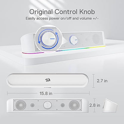 Redragon GS560 RGB Desktop Soundbar, Dynamic Lighting Bar with Audio Sync | 2.0 Stereo Enhanced Auido Quality, Touch-Control Backlit, Volume Knob, Plug & Play USB Powered Computer Speaker - color: White