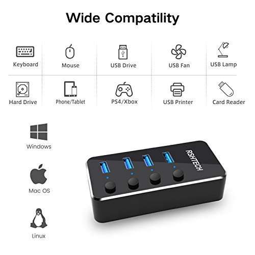 Powered USB Hub, RSHTECH 4 Port USB 3.0 Hub Splitter Portable Aluminum USB Data Hub Expander with Individual On/Off Switch and Universal 5V AC Adapter, 3.3ft USB 3.0 Cable (RSH-516) - size: 4-Port Powered USB Hub