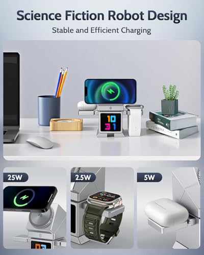 ModiTech 7 in 1 Wireless Charging Station for Apple-25W Qi2.2 Certified | Magnetic Magsafe Charger Stand for iPhone 17/16/15/14/13/12-Apple Watch-Airpods Series, Silver with Adapter - color: Silver