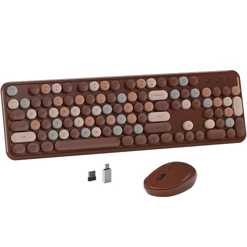 MPTOG Colorful Wireless Computer Keyboard and Mouse Combo with Round Typewriter Keycaps, Retro Design, Power Switch, Ergonomic Design, 2.4GHz Wireless for Windows, Mac, PC(Coffee-Colorful) - color: Coffee-Colorful