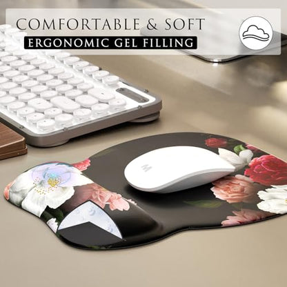 MROCO Ergonomic Mouse Pad with Gel Wrist Rest, 9.4 x 8.1 in, Black Flower | Ergonomic Shape Design, Multiple Pattern Options, Gel Wrist Comfort, Smooth Lycra Surface, Non-Slip PU Base - color: Black Flower