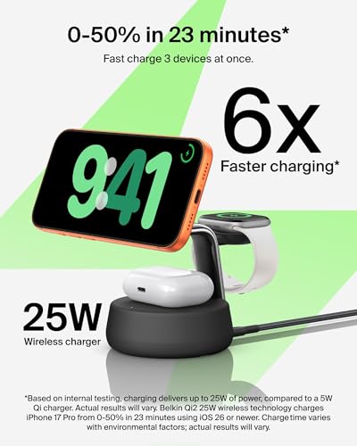 Belkin Qi2.2 25W Wireless Fast Charging Station, 3 in 1 iPhone Charger | Fast Charging, MagSafe Compatible, iPhone 17/16/15, Apple Watch, AirPods, Travel Charger, Magnetic - color: Black, style: 3 in 1