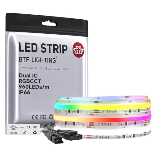 BTF-LIGHTING WS2811 Dual IC RGBCCT FCOB COB LED Strip,UL Listed High Density Chasing IC RGB Light+Tunable White 3000K-6000K,9.8FT 960LEDs/m,12mm Width IP66 DC24V 3M Tape(No Adapter or Controller) - size: 9.8FT IP66