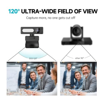G53 4K Webcam with Noise-Canceling Microphone for PC Laptop | 120° Wide-Angle & Autofocus Video Streaming Computer Camera, Remote Control，works with Zoom/Teams/Switch 2/Mac
