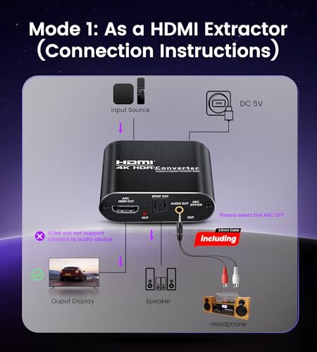 avedio links HDMI eARC/ARC Audio Extractor 4K@60Hz, HDMI to Optical Toslink SPDIF & 3.5mm AUX Stereo Audio Converter Splitter, HDCP 2.2, PCM/DTS 5.1