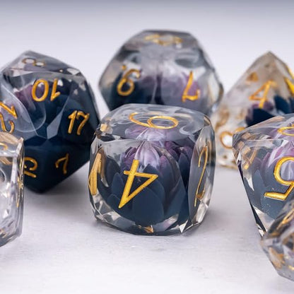 7PCS DND Dice Set,Transparent Sharp Edge Dice Set D&D RPG Polyhedral Die,for Dungeons and Dragons TTRPG Games Roleplaying Games,with Gift Box(Purple Blue Lotus) - color: Lotus Purple Black