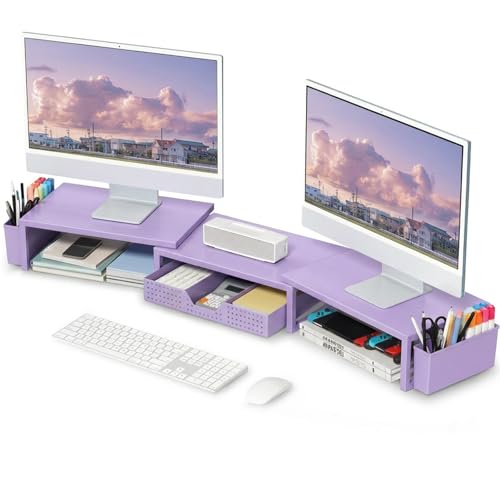 OPNICE Desk Organizers and Accessories, Dual Monitor Stand Riser with Drawer and 2 Pen Holders, Desk Shelf Computer Racks for Office Workspace Organizers, Desktop Organization (Purple) - color: Purple