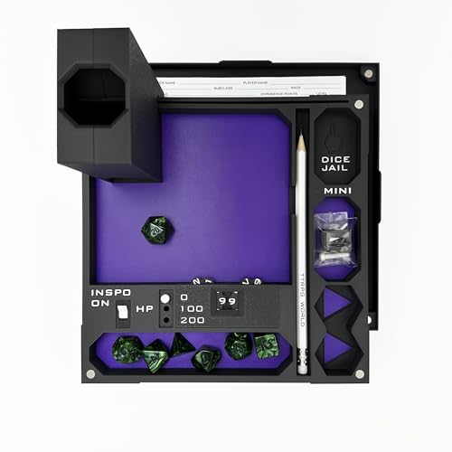 All-in-One Dice Tray with Tower by TTRPG World - Magnetic Modular Organizer for 5E & d20 RPGs with Soft Lining, Tower, Mini Holder, Sheets & Mystery Dice Set (Purple) - color: Purple