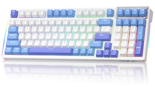AULA Mechanical Keyboard, Wireless Gaming Keyboards 99 Keys Tri-Mode BT5.0/2.4GHz/USB-C Hot Swappable Custom Creamy Keyboard,RGB Backlit Computer Keyboards w/Pre-lubed Linear Switches Gasket Structure - color: White&Blue&Purple
