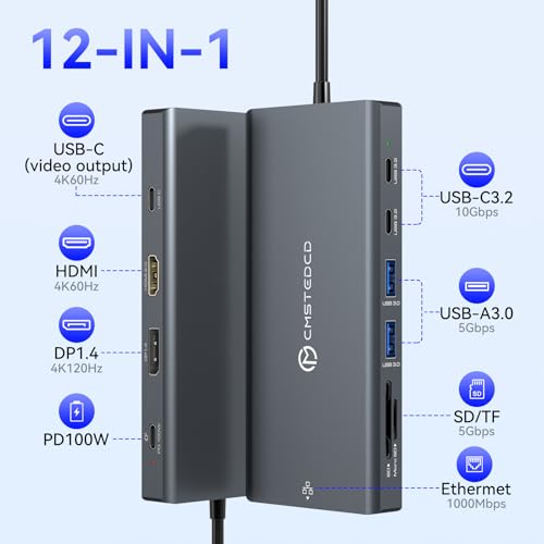 USB C Laptop Docking Station 3 Monitors with DisplayPort 4K@120Hz HDMI 4K@60Hz USBC 4K@60Hz, 12 in 1 Thunderbolt Hub with USB A 3.0, USB C 3.2, Ethernet, SD, TF, PD 100W - size: DP+USBC+HDMI