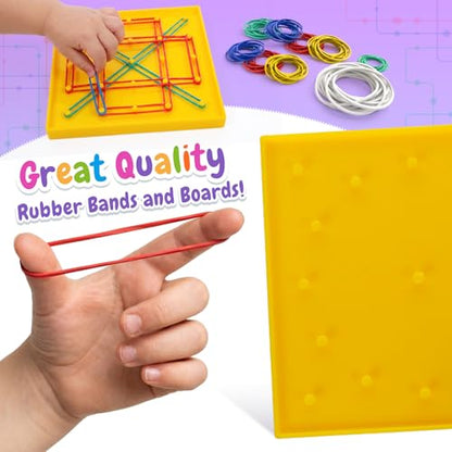 6 Pack Double-Sided Geoboard Math Preschool Classroom Manipulative for Kids | Geo Board Set with Rubber Bands and 15 Pattern Cards for STEM Shapes, Classroom Must Haves, Fine Motor Games for Kids Party