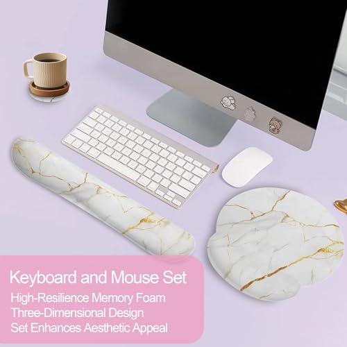 White Gold Flowing Marble Mouse Pad with Wrist Rest and Keyboard Wrist Rest Set, Non-Slip Rubber Base Memory Foam Mouse Pad Set for Women, Office Desk Accessories, Gaming - color: White Gold Flowing Marble