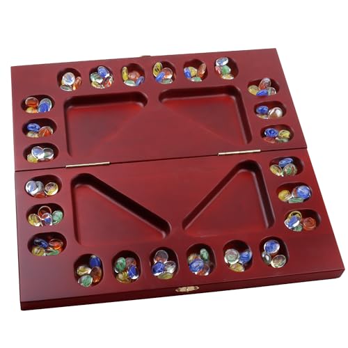 GSE 4-Player Folding Wooden Mancala Board Game, Mahogany | 100 Multi-Color Glass Stones, Storage Bag, Portable Family Travel Strategy Game, For Kids & Adults, Family Game Night - color: 4-player Mahogany