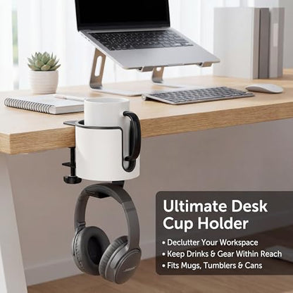 GUNKING Luxury 2-in-1 Anti-Spill Cup Holder with Under Desk Headphone Hanger (White) - color: WHITE