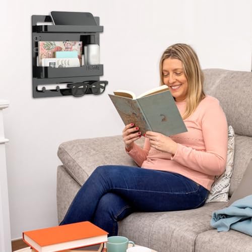 Bedside Shelf Wall Mount & Wall Nightstand for Bedroom,9 * 9.45inch Adhesive Nightstand Wallshelf with 5 Hooks,Wall Mount Shelf for Charging Station and Remote Control Holder(Black) - color: Black