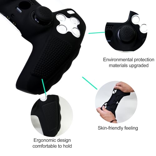 Anti-Slip Black PS5 Controller Skin,Soft Thicken Studded Protective Silicone Cover Skin Grips Compatible with PS5/Slim/Pro Controller and 8 PCS Thumb Grips Caps. - color: Black